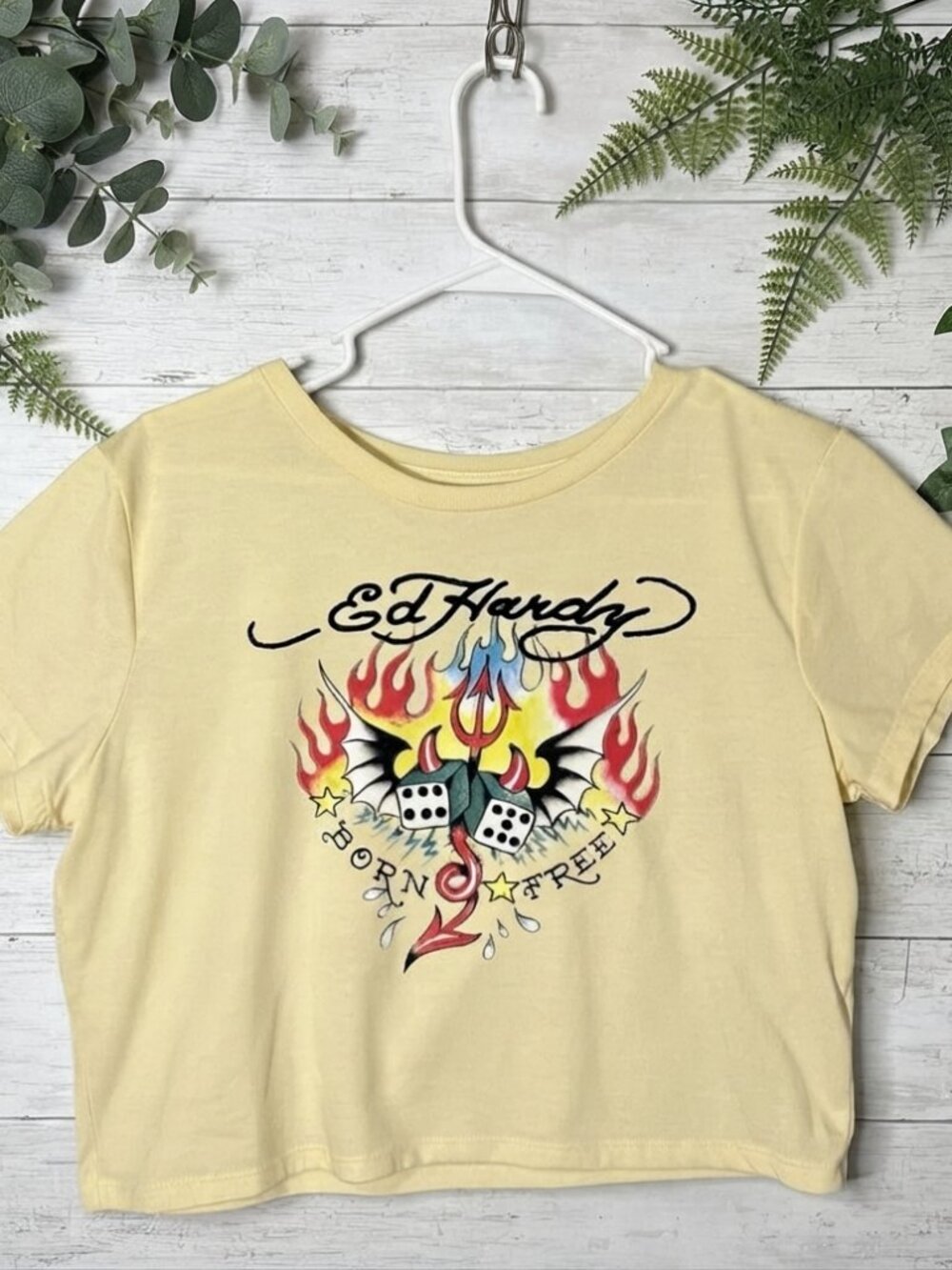 Ed Hardy Shirt Womens XL Yellow Y2K Crop Top Short Sleeve Graphic Cropped